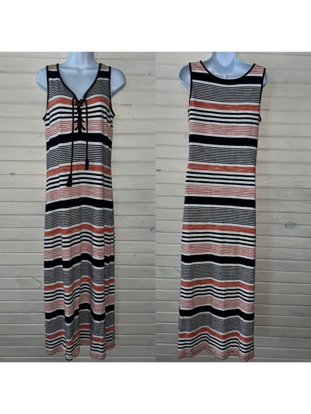 Talbots Sz MEDIUM Blue Orange Ivory Stripe Knit Dress Pullover Lace-up Neck EUC